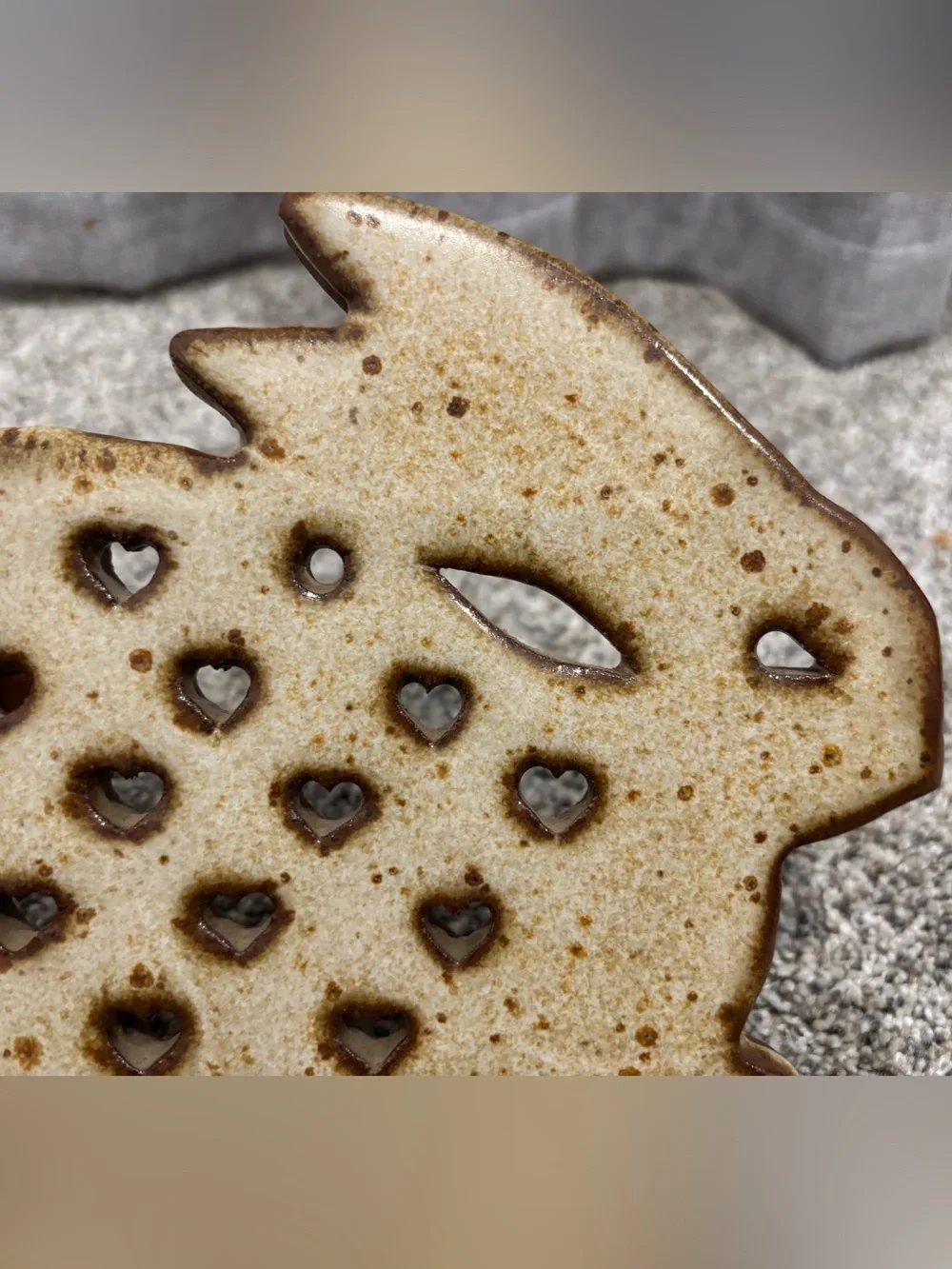 Vintage Stoneware Rabbit Trivet w/Speckled Glaze & Cut-Out Heart Shapes